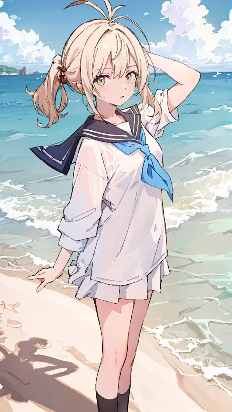 (masterpiece,best quality,absurdres),1girl,solo,looking at viewer,dynamic_angle,colorful, antenna hair,Sailor uniform, beach , s...