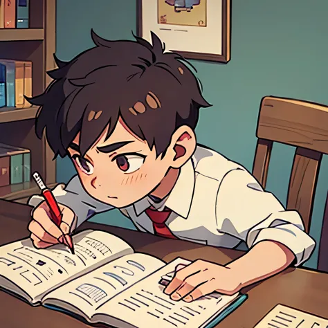 boy studying with a red pen