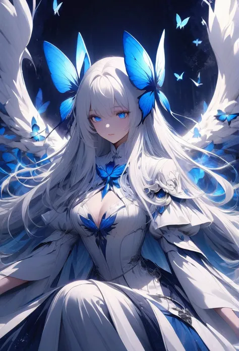 The image showcases an animated character with striking white hair and glowing blue eyes, creating a captivating and ethereal ap...