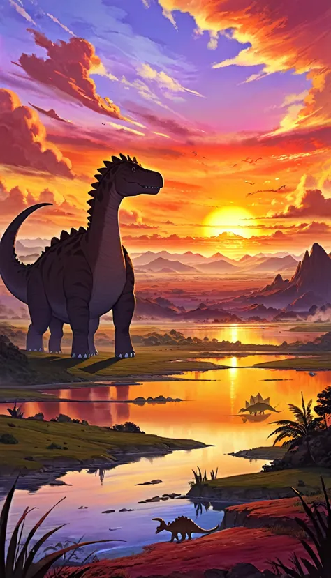 prehistoric world.1.5, great landscape, clouds, 1big dinosaur, colors, sunset, oil painted