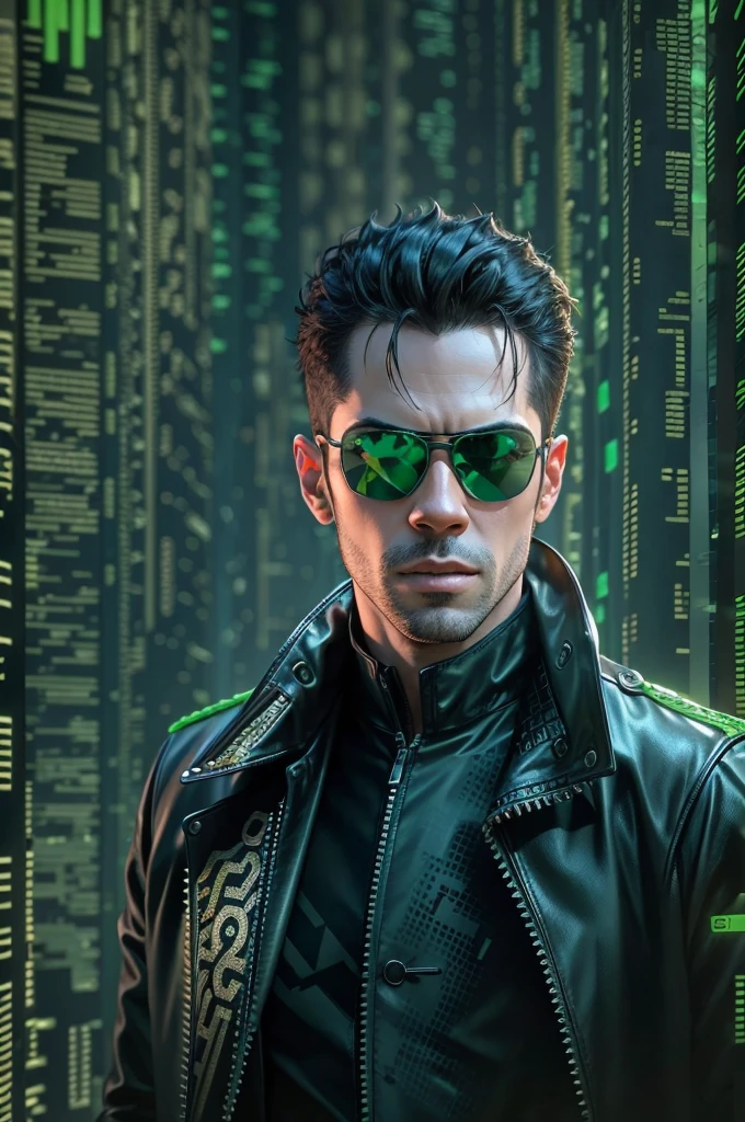 Generate a half-body portrait of a man wearing sunglasses, dressed in a leather trench coat reminiscent of the characters from 'The Matrix', against a backdrop of cascading fluorescent green letters, in the style of the film. Pay meticulous attention to (((intricate details))) like sunglasses, coat, and the texture of the cascading letters. Ambition ((extreme quality of details)) to capture the essence of the 'Matrix' aesthetic. create a ((Complex composition)) which conveys the film's iconic cyberpunk atmosphere.