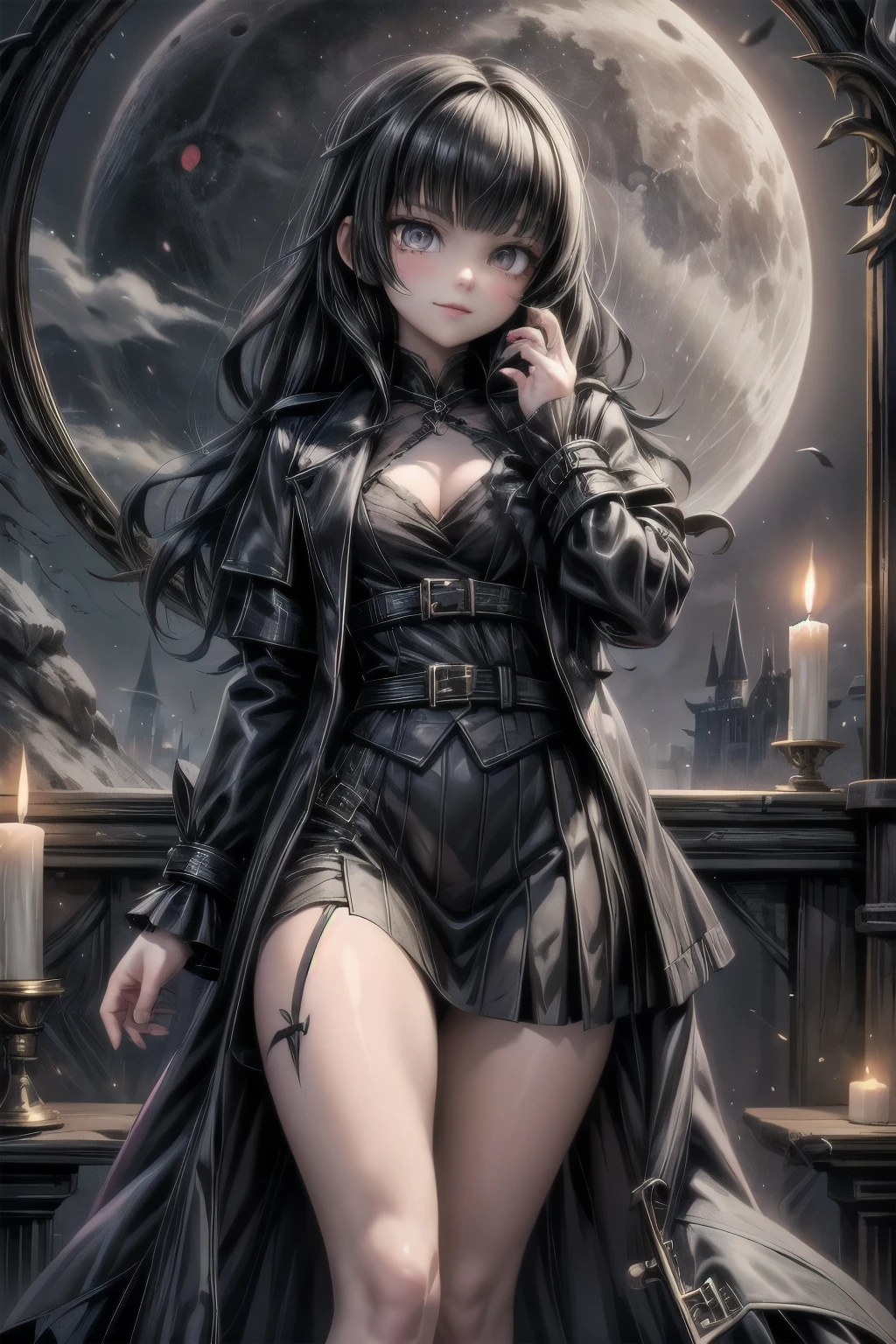 a vampire hunter girl wearing a Black Trench Coat and skirt, passing through a magical mirror, dark castle at night, castlevania art style, moon, lanterns and candles