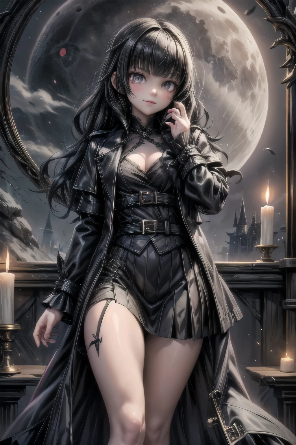 une fille chasseuse de vampires portant un trench-coat noir et une jupe, passer à travers un miroir magique, Château sombre la nuit, style artistique de Castlevania, lune, lanternes et bougies