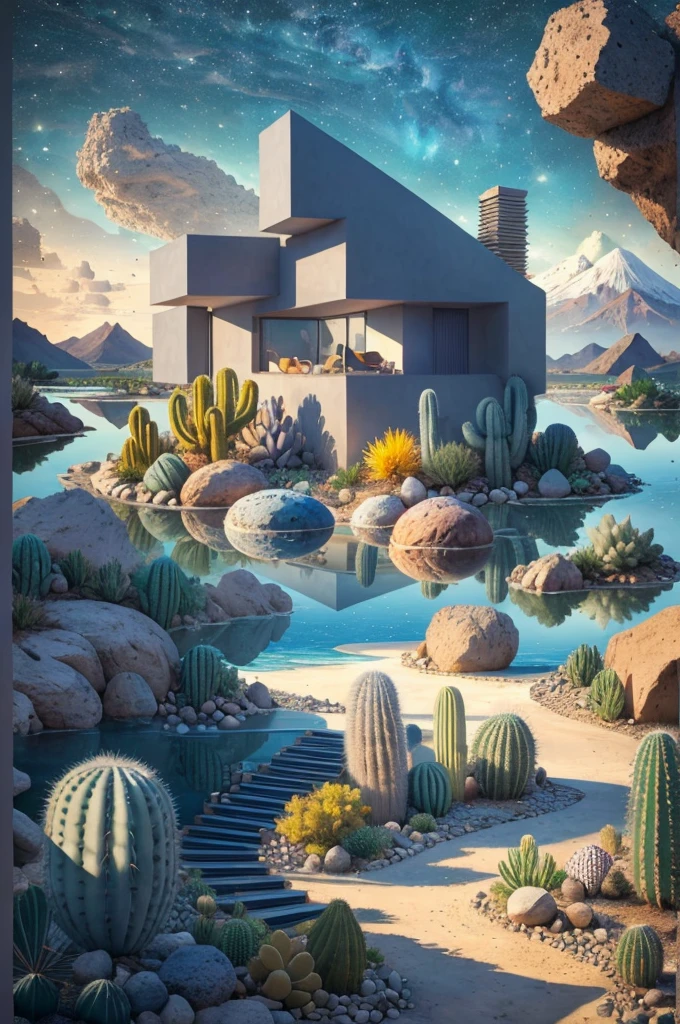 An illustration, collage style, David Hockney visual style, (((Luis Barragán's architectural style houses in middle of a lake))), big boulders, little cascade, mountains, volcanos, volcanic landscape, pool, stairs, beautiful gardens, abundant vegetation, cacti, agave, big clouds, sunset. Magazine cover, serif tipography, editorial design, masterpiece, An illustration in collage style, con rocas gigantes, Brutalist construction sections, escaleras, cactus, agave, textura de concreto, Multiple geometric shapes, hatch and cross hatching, planeta Saturno. ((masterpiece, best quality)),illustration,ultra detailed 8k. (((An illustration of a build designed by Luis Barragán))), with a desertic vegetation garden, (big rocks), ((cacti)), lake, volcano in horizon, smooth clouds, (((illustration collage format))), ((Escher's art style)), (((multiple sections))), (violet, blue, olive green, grey, black and white), hard shadows, (((geometric sculptures))), concrete sculptures, high contrast, dramatic, cinematographic, ((milky way galaxy)), intricate, intricate details, sharp focus,landscape