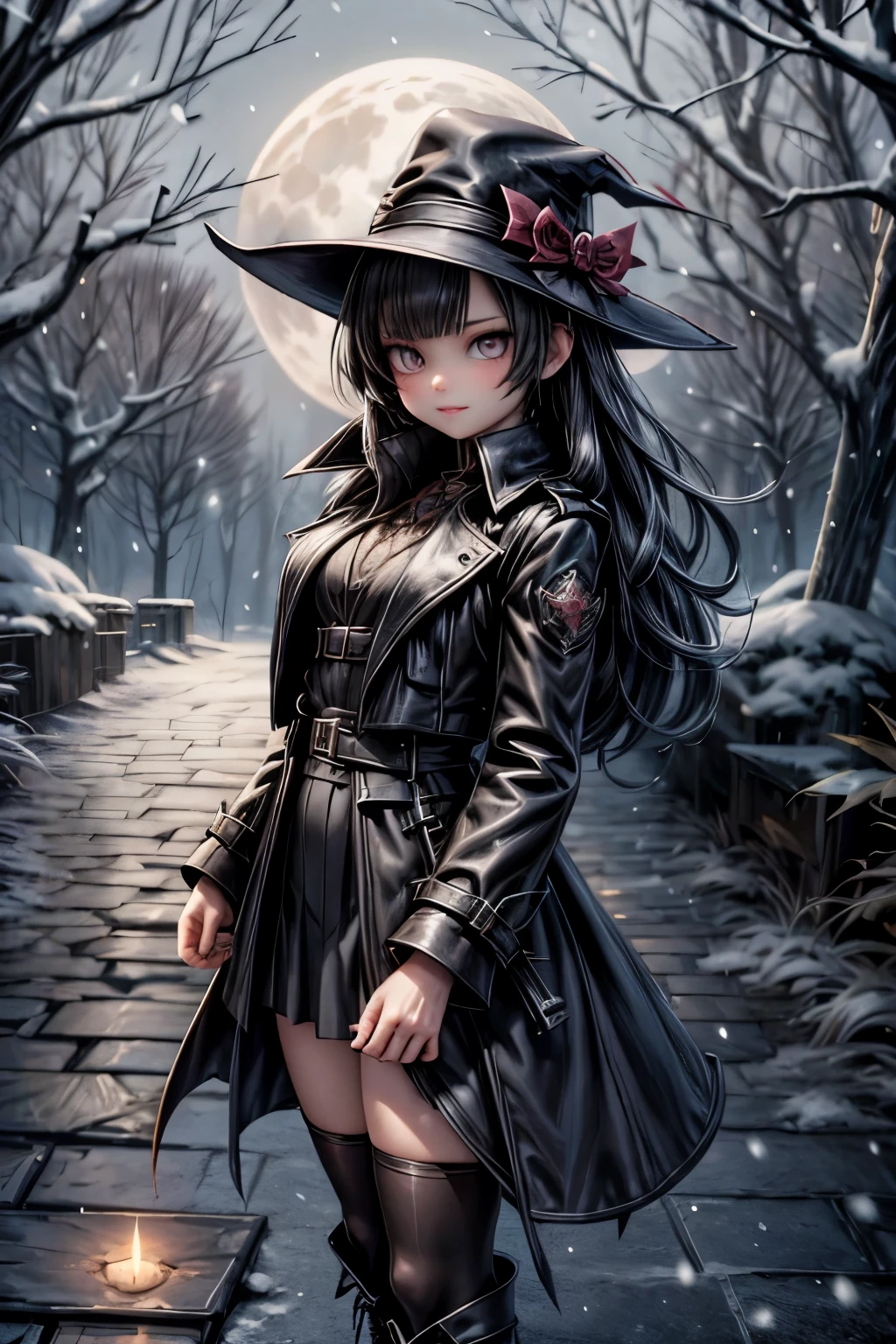 a vampire hunter girl wearing a Black Trench Coat and skirt, tighhighs, (looking a compass), icy woods at night, snowing at night, castlevania art style, moon, lanterns and candles floating all around the path