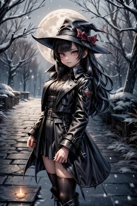 a vampire hunter girl wearing a Black Trench Coat and skirt, tighhighs, (looking a compass), icy woods at night, snowing at nigh...