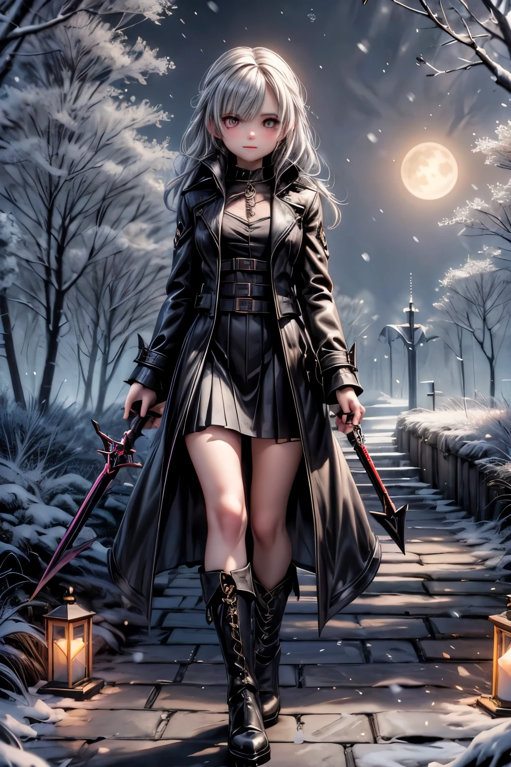 a vampire hunter girl wearing a Black Trench Coat and skirt, intrincated hairstyle, tighhighs, pumps, (reading a compass), icy woods at night, snowing at night, castlevania art style, moon, lanterns and candles floating all around the path