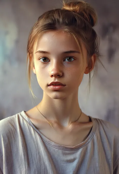 (Cinematic photo: 1.3) From (really: 1.3), (comfortable: 1.3) Beautiful 12 year old girl, (difficult messy bun of light brown ha...