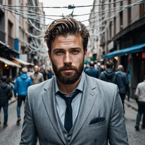 raw photo, full body portrait of a beautiful man with a beard in a grey suite, he stands in a crowded street with tangled power ...