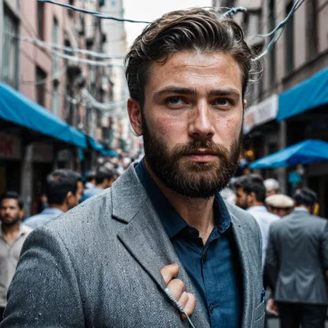 raw photo, full body portrait of a beautiful man with a beard in a grey suite, he stands in a crowded street with tangled power ...