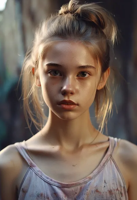 (cinematic photo: 1.3) from (really: 1.3), (comfortable: 1.3) beautiful 12 year old girl, (difficult messy bun of light brown ha...