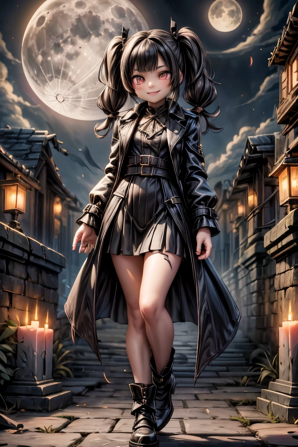 a vampire hunter girl smiling, wearing a Black Trench Coat and skirt, hairstyle pigtails, tighhighs, pumps, ancient ruins at night, castlevania art style, moon, lanterns and candles floating all around 