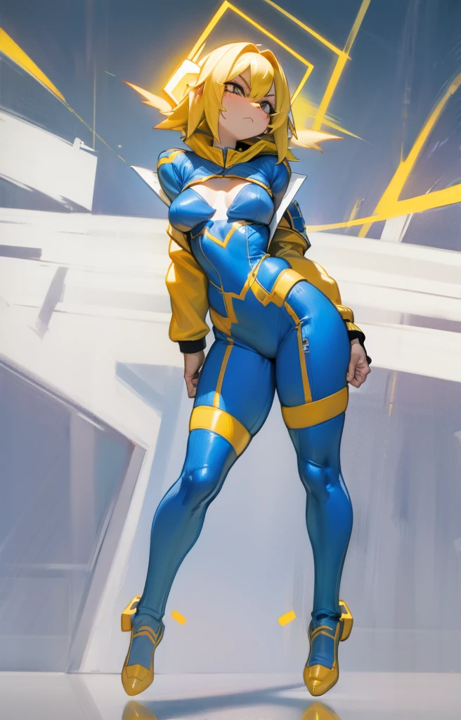 Thunder backdrop, thunder ranger, loli face, small breast, tight suit, speedy thunder, alien weapons , yellow hair