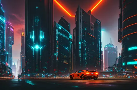 orange spaceship, part that is transparent, revealing a vibrant cyberpunk cityscape from within, The cyberpunk city is depicted ...