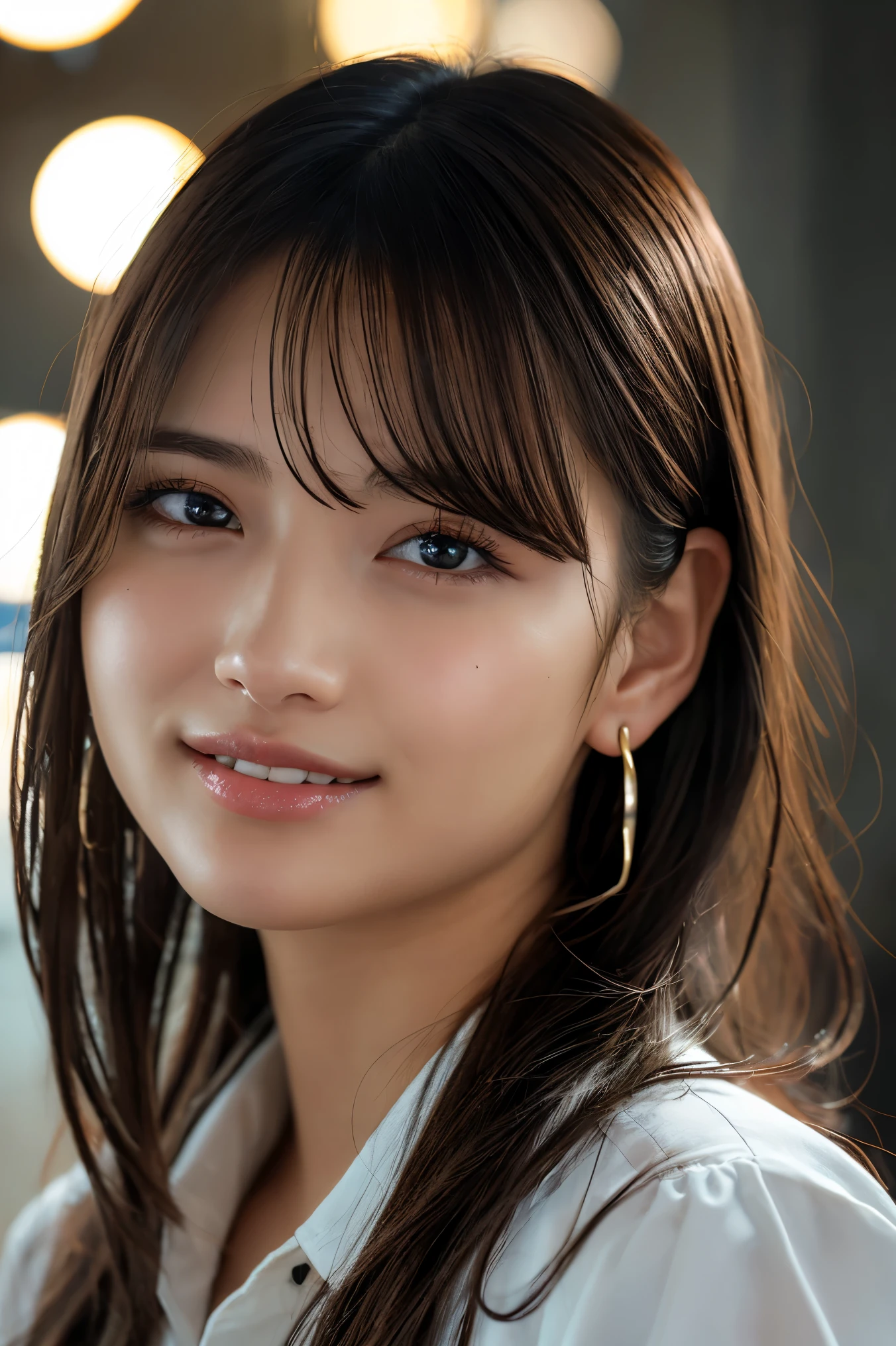 Upper Body、Beauty、20-year-old、Uniform eyes、, light brown hair, hair over shoulder, parted bangs, straight hair, expressive hair, shiny hair, earrings, seductive smile, Surrealism, cinematic lighting, first-person view, pov, f/1.2, Nikon, UHD, textured skin, best quality, highres, 8k