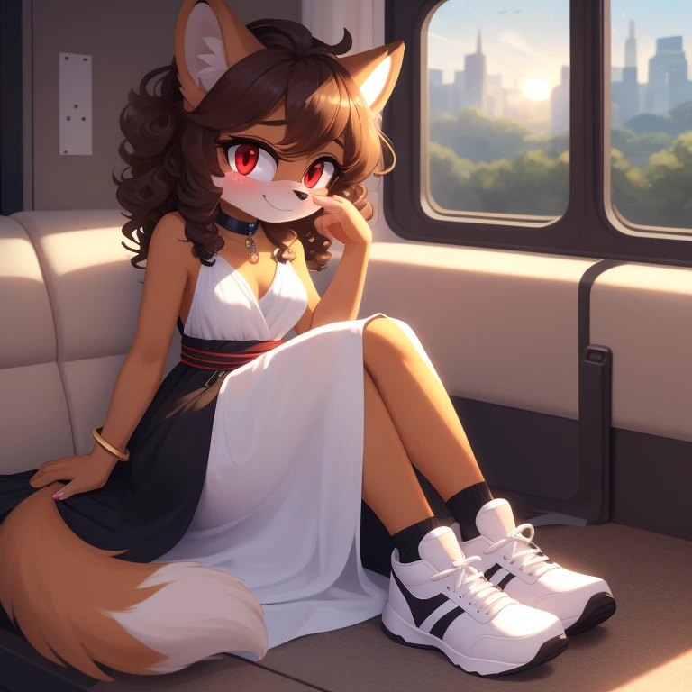 mobian, solo, hedgehog, two-tone fur ((orange fur, brown fur)), high neck Sashes Court train evening dress, high-top sneakers, small breasts, two-tone hair (brown hair, black tip)), curly hair, halo, sunglasses, jewelry, red eyes, longeyelashes, red eyes, smile, shy, blush, pose, high detail, masterpiece, UHD, anatomically correct, super detail, highres, 4K