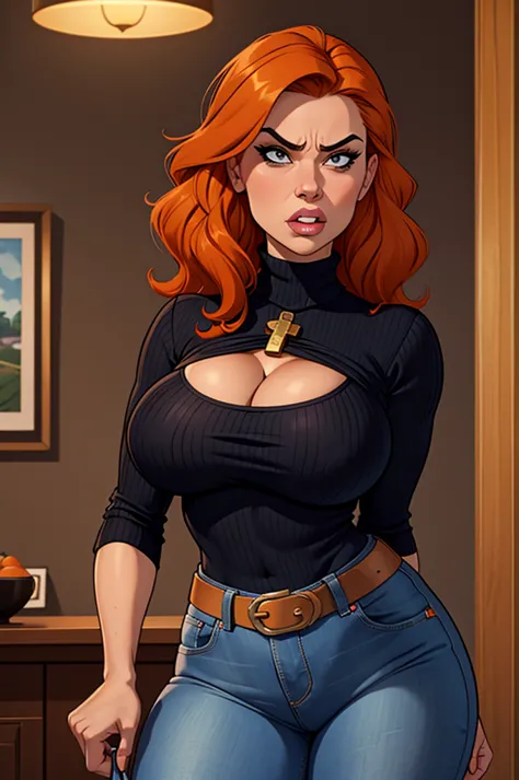 1 female, normal sized breast, shortstack, angry look, housewife, cleavage, Black turtleneck, orange hair, wavy hair, cross arms...