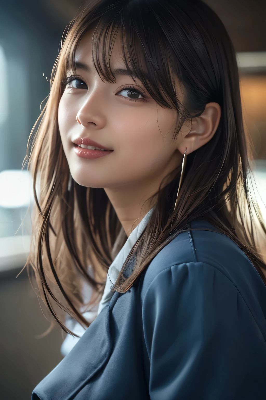 Upper Body、Beauty、Well-formed face、20-year-old、Uniform eyes、Small face、, light brown hair, hair over shoulder, parted bangs, straight hair, expressive hair, shiny hair, earrings, seductive smile, Surrealism, cinematic lighting, first-person view, pov, f/1.2, Nikon, UHD, textured skin, best quality, highres, 8k