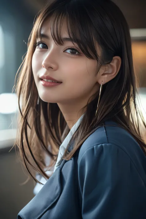 Upper Body、Beauty、Well-formed face、20-year-old、Uniform eyes、Small face、, light brown hair, hair over shoulder, parted bangs, str...