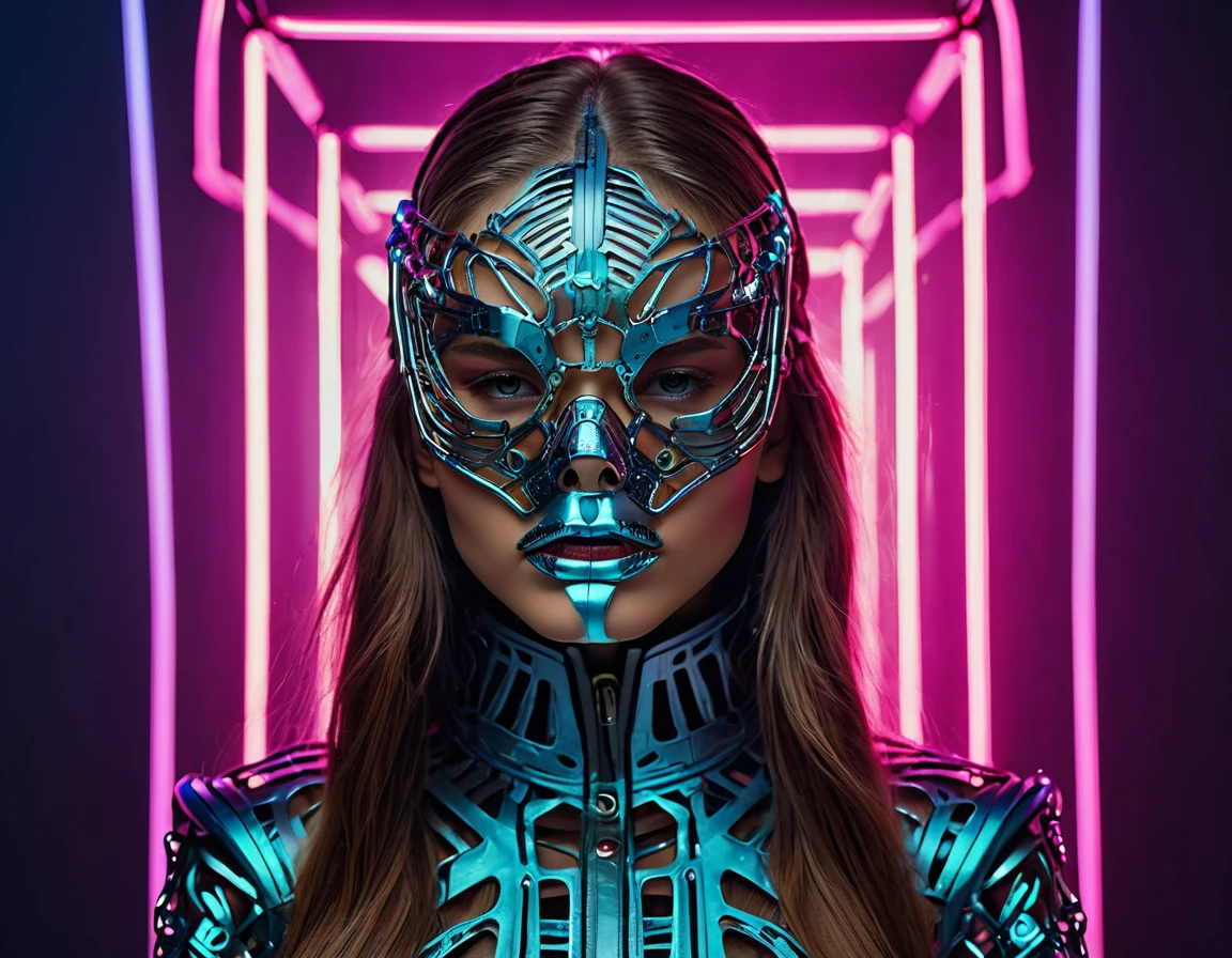 ein jugendliches Modemodel, das eine Exoskelettmaske trägt, leuchtende Farben, futuristic cyberpunk style, komplizierte Details, filmische Beleuchtung, dramatische pose, scharfer Fokus, Hyperrealistisch, 8k, Meisterwerk