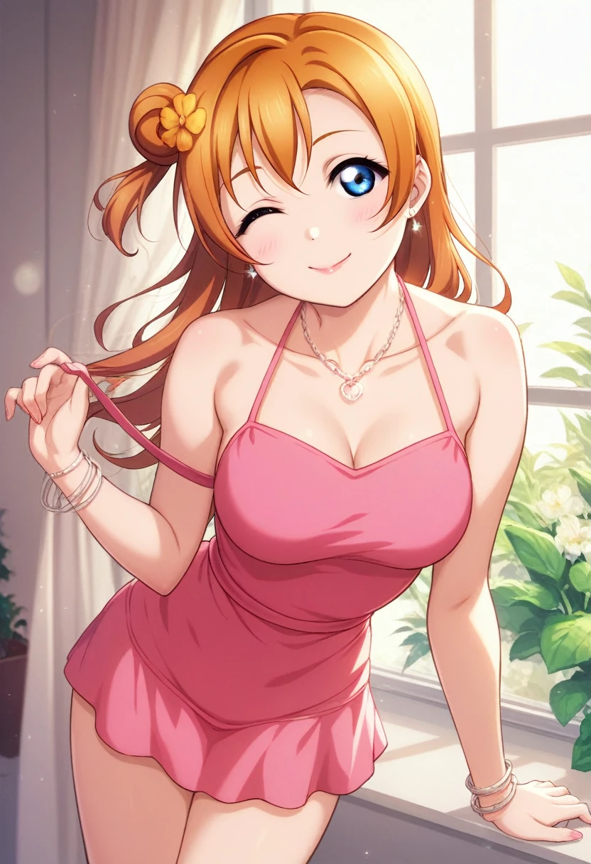 Honoka kousaka love live, cowboy shot, blue eyes, orange hair,hair flower, solo, Fashion , bshoulders, perfect eyes, Perfect iris，Perfect skin，Soft front light，Casual dress，indoors；（pastel colour:1.2), halter neck,thin straps ,(lipstick:0.8) ,sexy pose,wink, (slightly bent over:0.8)