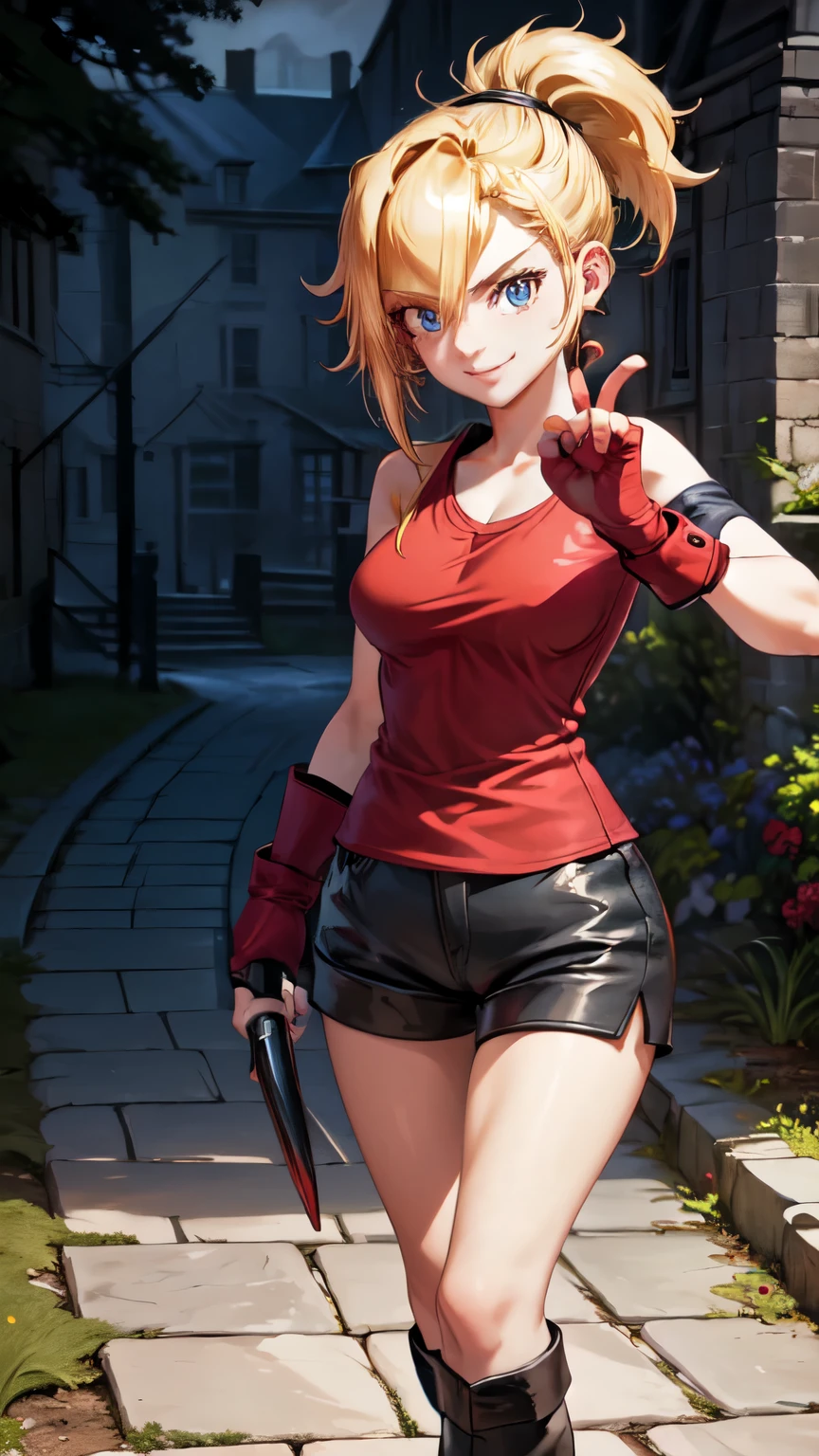 (best quality:1.2),solo,1girl,mdrin,smile,looking at viewer,lovely pose, ponytail,v-shaped eyebrows,red shirt, fingerless gloves,black shorts , garden background, warm color tones,soft lighting, Hair over one eye, ultra long hair, standing on hooftop, long boots, long ponytail, blonde