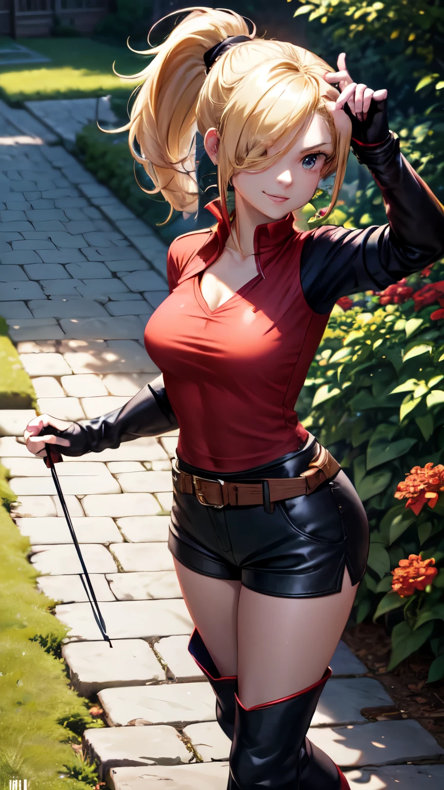 (best quality:1.2),solo,1girl,mdrin,smile,looking at viewer,lovely pose, ponytail,v-shaped eyebrows,red shirt, fingerless gloves,black shorts , garden background, warm color tones,soft lighting, Hair over one eye, ultra long hair, standing on hooftop, long boots, long ponytail, blonde