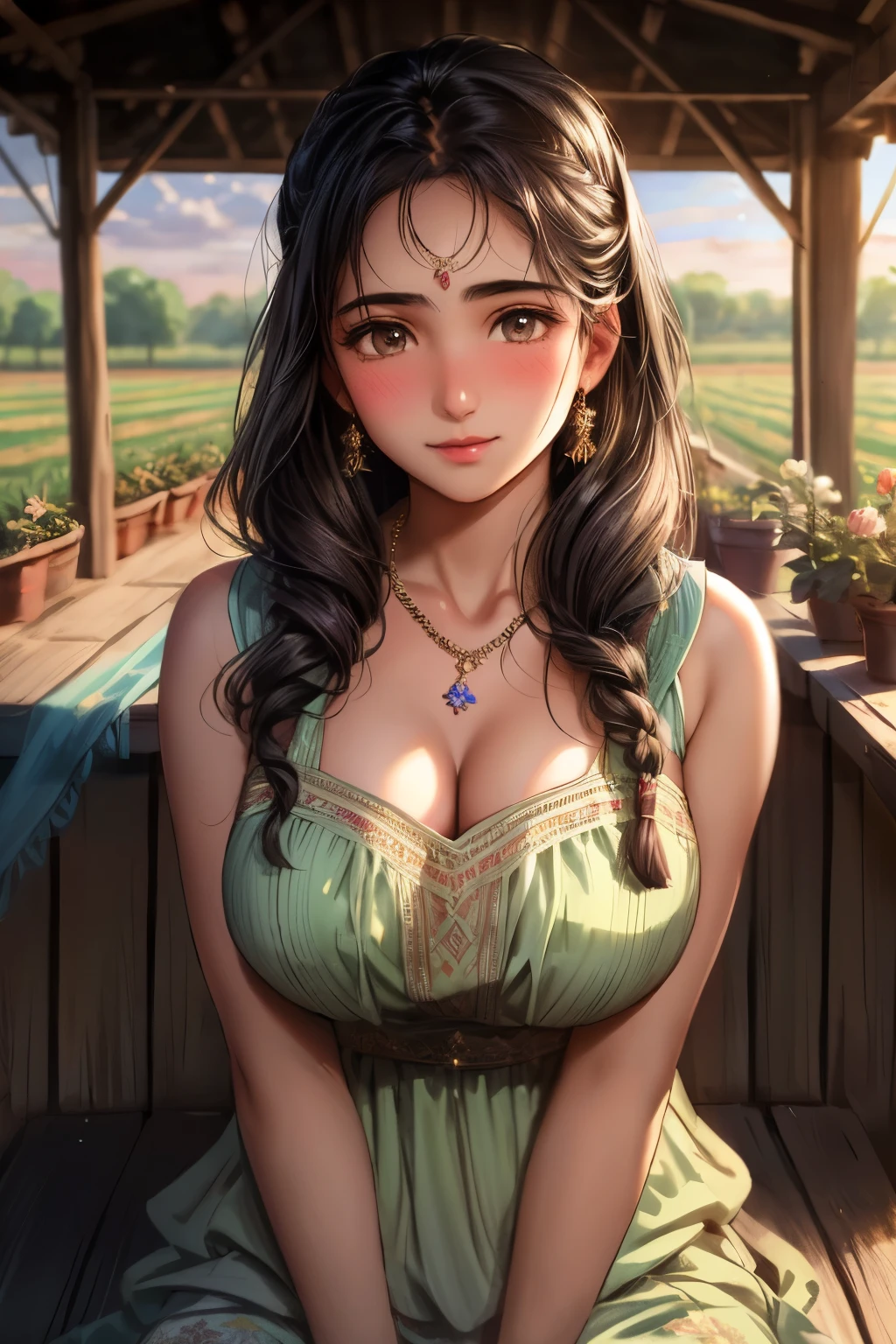 Afghan elite girl, (16 years old), in the farm, dawn, bosomy, necklace, blushing expression, (bottom focus), (face and skin details), (masterpiece, best quality, highly detailed, hyper realistic) 