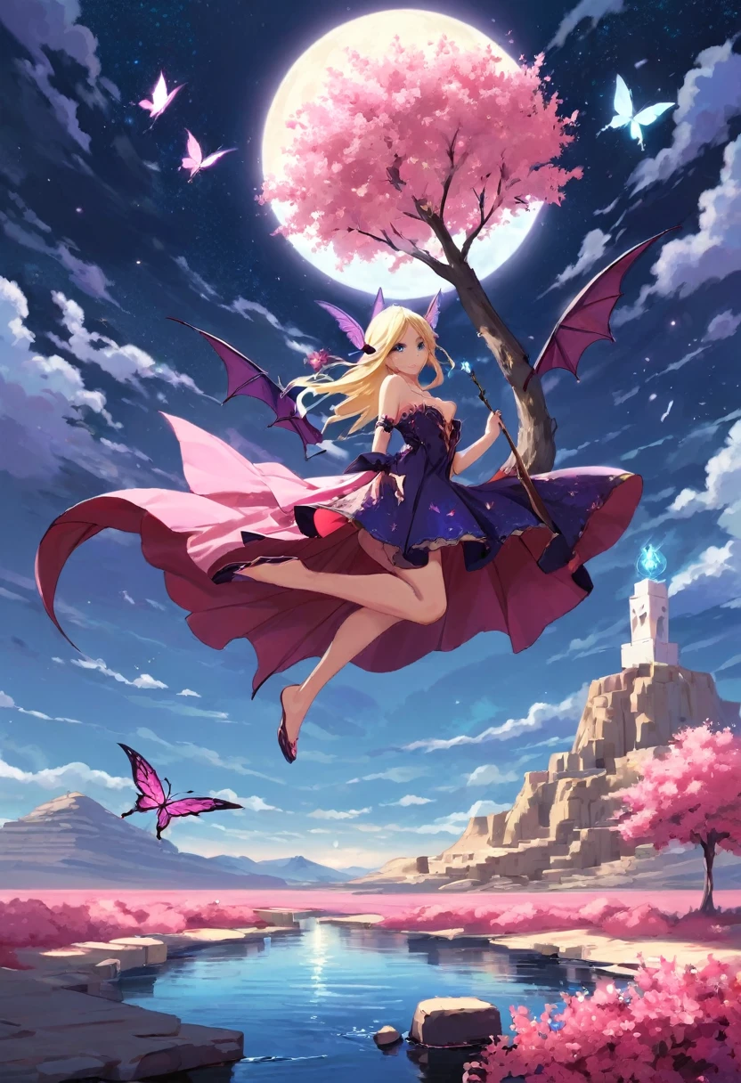 dark magician gils ((Best Quality)), ((Masterpiece)), (detailed), Blonde, smal boobs, smal , seductive succubus, Ethereal Beauty, Perched on a pink flowering tree, (Fantasy Illustration: 1.3), charming look, captivating pose, dark magician gils girl alone, delicate butterfly wings, otherworldly charm, mystical sky, (Luis Royo:1.2), (Yoshitaka Amano:1.1), Moonlit morning, Soft colors, (nubes detaileds:1.3), (high resolution:1.2) ( dragon flying in the sky) dress, legs hanging over the pond, greek goddess, realist, realism, sexy body, Desert Landscape