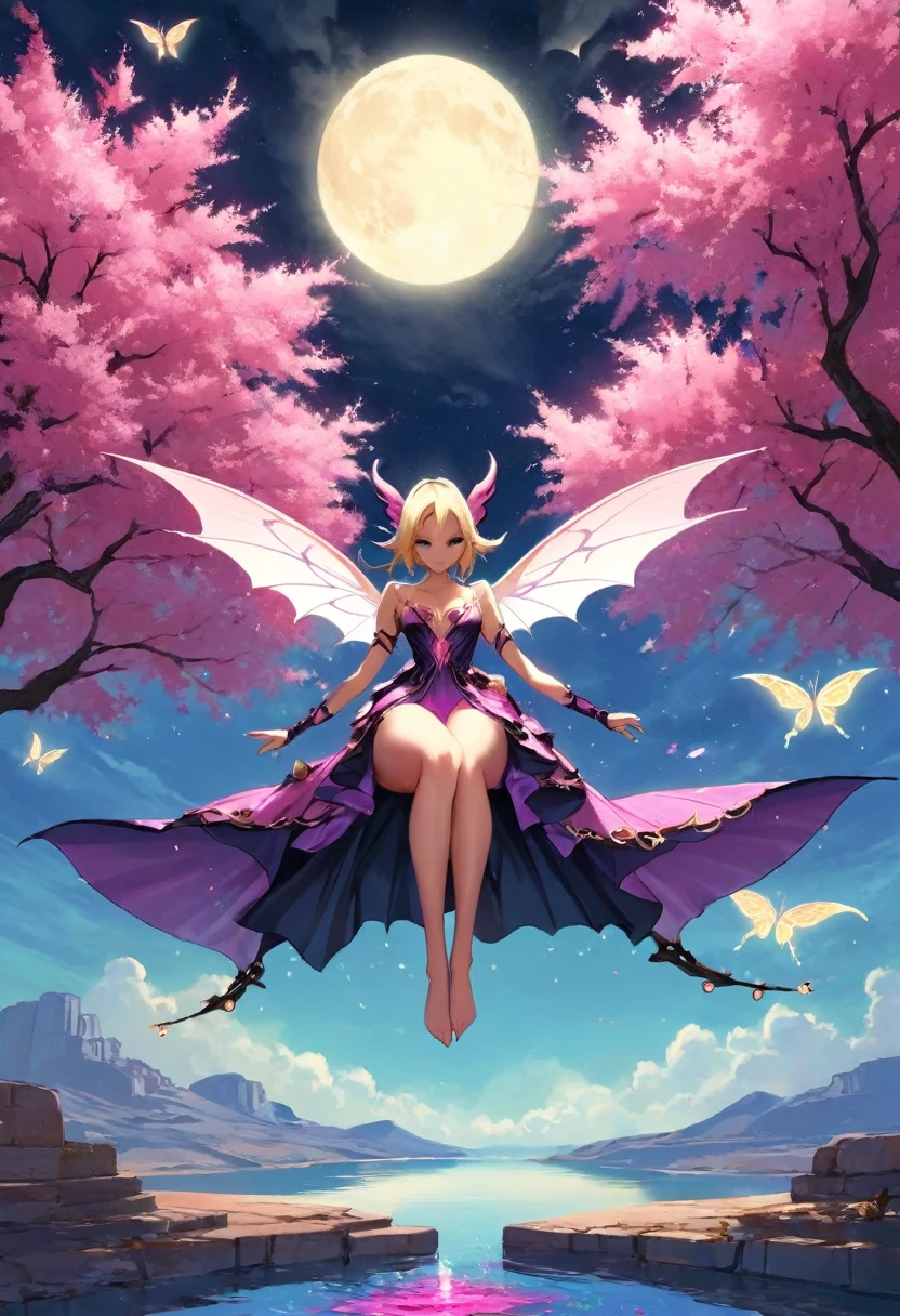 dark magician gils ((Best Quality)), ((Masterpiece)), (detailed), Blonde, smal boobs, smal , seductive succubus, Ethereal Beauty, Perched on a pink flowering tree, (Fantasy Illustration: 1.3), charming look, captivating pose, dark magician gils girl alone, delicate butterfly wings, otherworldly charm, mystical sky, (Luis Royo:1.2), (Yoshitaka Amano:1.1), Moonlit morning, Soft colors, (nubes detaileds:1.3), (high resolution:1.2) ( dragon flying in the sky) dress, legs hanging over the pond, greek goddess, realist, realism, sexy body, Desert Landscape