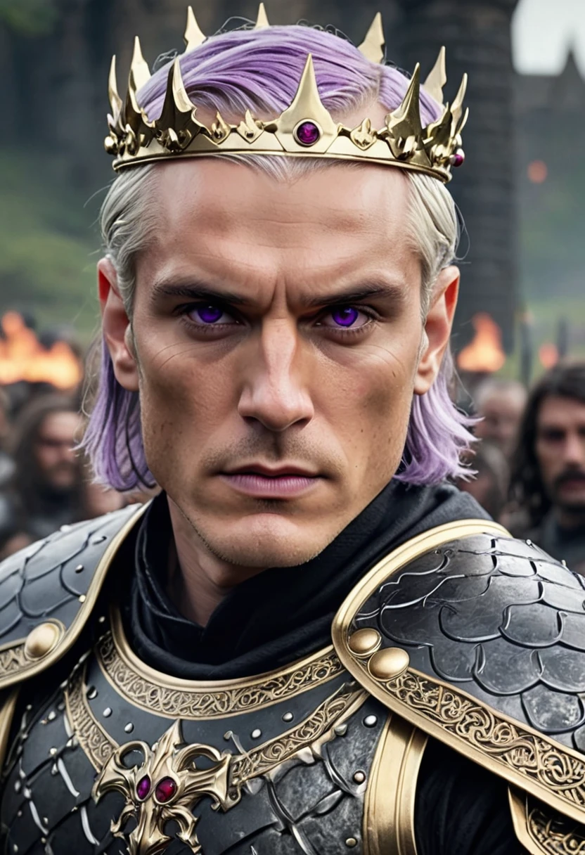 (masterpiece, 8K, UHD, high resolution: 1.4), imposing portrait of Aegon Targaryen, (tall, broad shouldered, powerful appearance: 1.3), (piercing purple eyes, short silver and gold hair: 1, 3), (wearing black scale armor into battle: 1.2), (wielding a black steel sword: 1.3), (wearing on his head a black steel crown with large square-cut rubies: 1.2 ), (battlefield landscape in the background: 1.1), (authoritative and charismatic atmosphere: 1.3), realistic and intricate details, (fantasy and history elements: 1.2), (heroic and enigmatic perspective : 1.3)