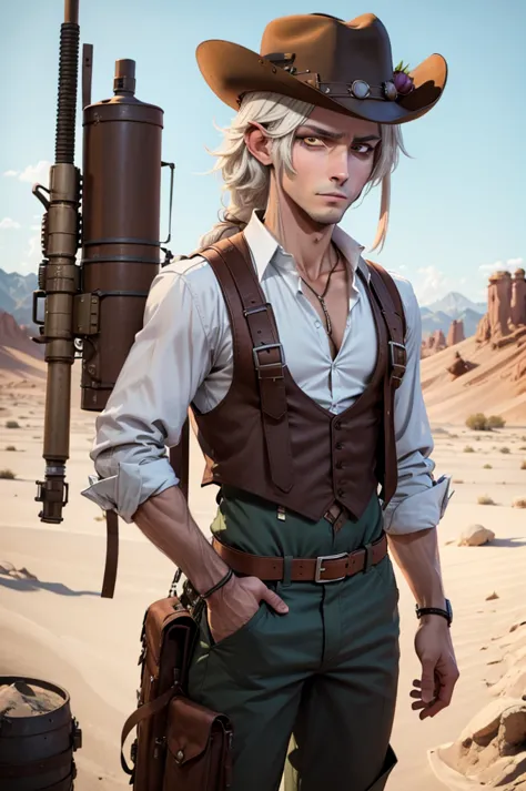 a male tiefling artificer named moxie, aged 23, standing in a desert environment. he has red skin, medium-length white hair slic...