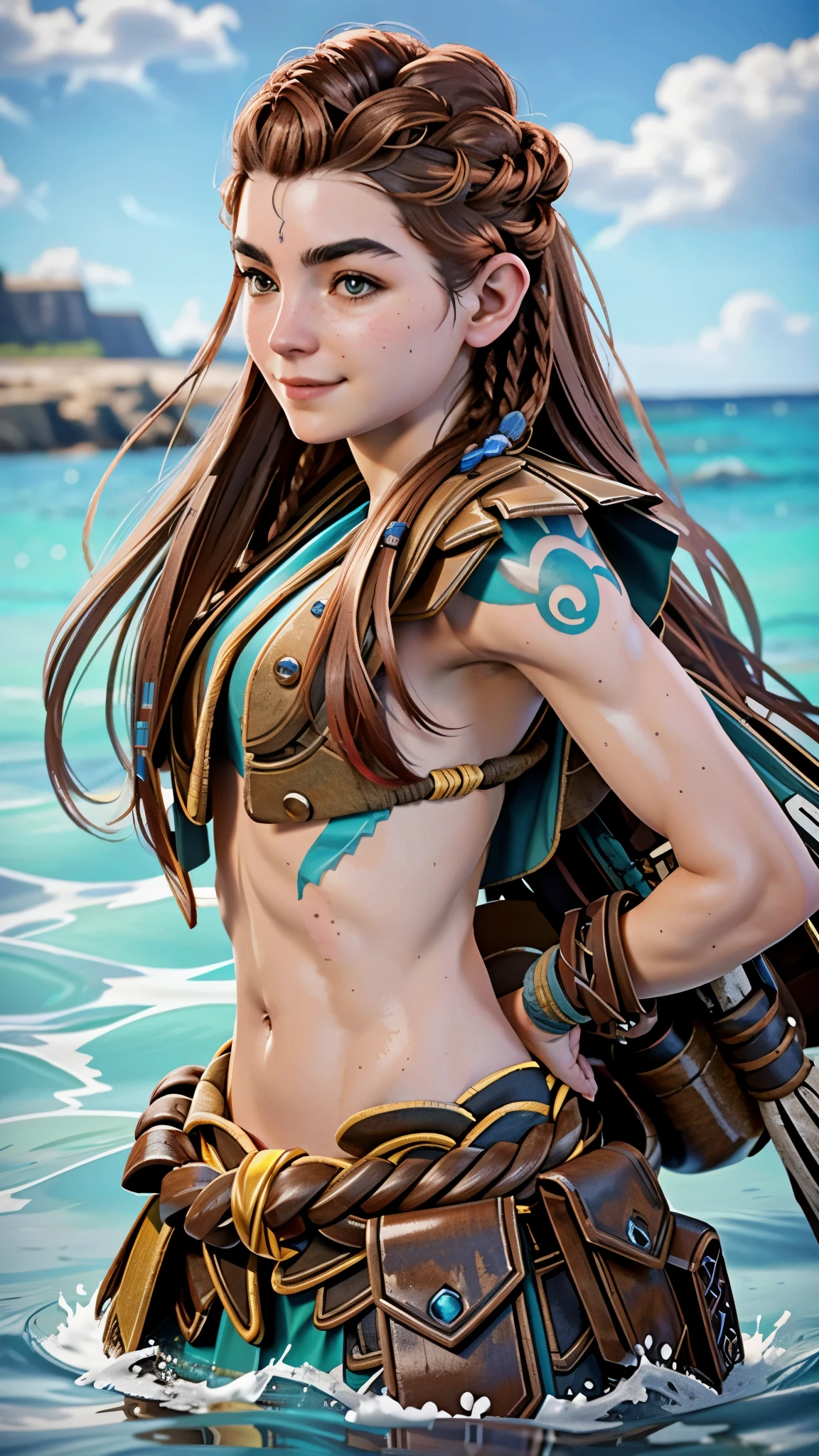 (masterpiece, best quality) 1girl, AloyHorizon, solo, long hair, smile, brown hair, hair ornament, navel, brown eyes, braid, outdoors, parted lips, sky, day, midriff,cloud, red hair, water, from behind, blue sky, lips, tattoo, ocean, thick eyebrows, hem, rope, freckles, realistic, nose, dreadlocks, sexy girl, bikini, ::biquini, ::small bikini,  action pose, ::sexy 