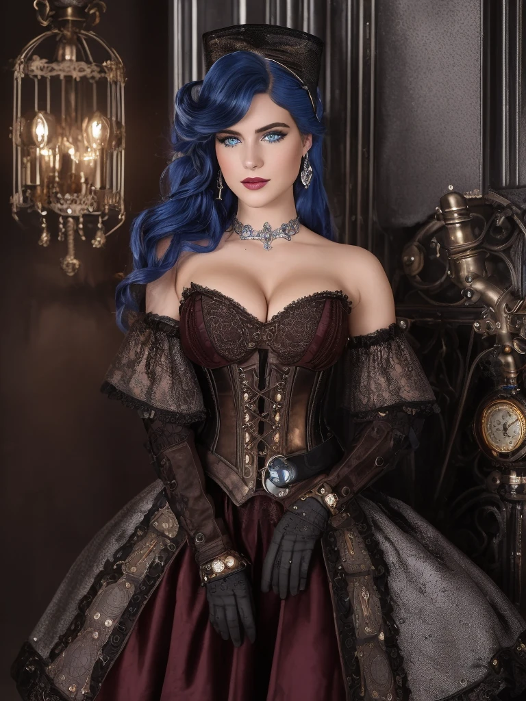 (((Ultra detailed, beautiful face, Megapixel))) Craft a visually striking photo realistic image of a steampunk futuristic Disney princess named Belle. Belle possesses (intense sapphire blue) eyes that exude intelligence and curiosity. Her hair, styled in an intricate updo adorned with mechanical embellishments and gears, boasts a stunning (silver) color that shimmers like polished metal. She wears a steampunk-inspired ensemble, featuring a corseted bodice made of (brown distressed leather) and a multi-layered skirt made of (lace, velvet, and industrial metal mesh) in a palette of (deep burgundy) and (bronze). Intricate clockwork motifs are intricately woven into the fabric, paying homage to the steampunk aesthetic. Her attire is accented with ornate brooches, cameo pendants, and pocket watch accessories. Against a blank black background, Belle's steampunk features take center stage, transporting the viewer into a world of Victorian elegance fused with futuristic innovation. With your camera, a high-resolution mirrorless camera paired with a prime lens, you will capture Belle's steampunk allure and the fusion of classic and futuristic elements in her attire.