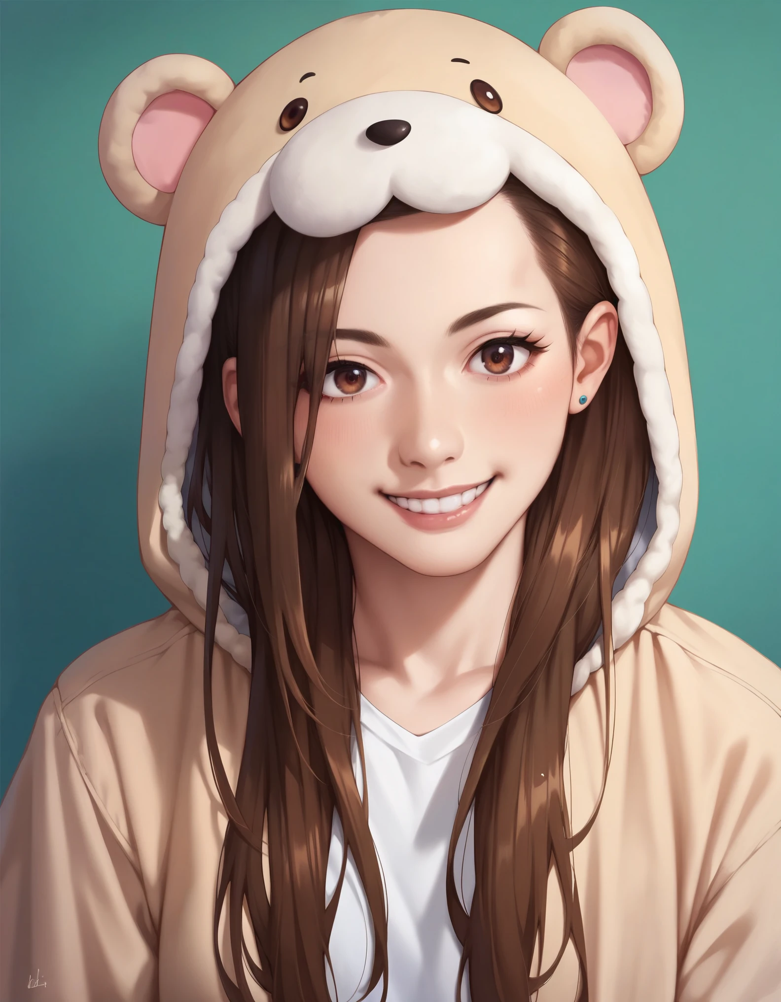 score_9, score_8_up, score_7_up, score_6_up, score_5_up, score_4_up,ichihara nina, long hair, brown hair, brown eyes, cosplay, animal costume, smile