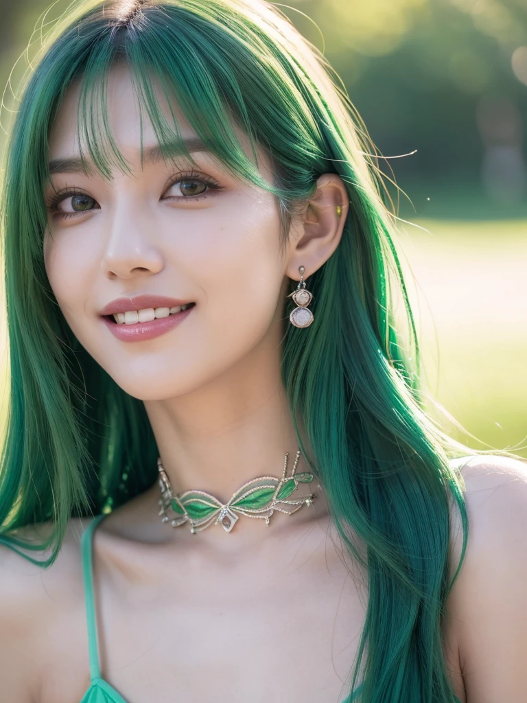 1girl, alone, solitary, high quality, (best quality,4k,8k,highres,masterpiece:1.2),ultra-detailed,(realistic,photorealistic,photo-realistic:1.37),gorgeous hair,mint green hair,long straight hair with bangs,sharp eyes,mole under the eye,plump lips,jewelry,(high detailed skin:1.4),(rim lighting:1.3),(lit:1.3),(sunny day:1.3),portrait,beautiful lips,waist-length hair,seductive gaze,moles,casual clothes,colorful clothing,close up,super long hair,choker necklace,tattoos,tattooed,light eyes,bangs,fringe,20 year old,dimples on the cheeks,dimples,green hair,mintgreenhair,mint hair,bright mint green hair,mint green,green hair,mint,beautiful smile,perfect teeth,straight teeth,perfect sized teeth,dazzling smile