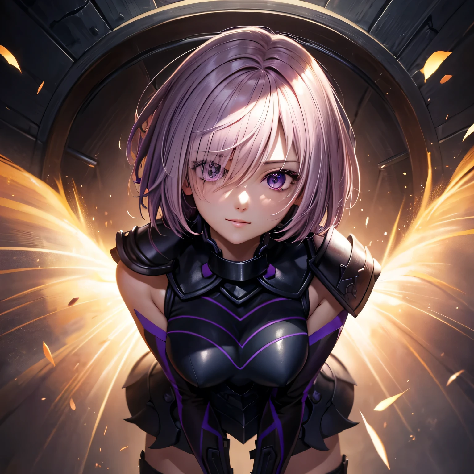 full body, masterpiece, best quality, 1girl, (detailistic), dark armor, dark cross shield, mash kyrielight, light purple hair, short hair, hair over one eye, smile, slim body, detailed eyes, ultra-detailed, hyper-realistic, 8k, cinematic lighting, dramatic lighting, dramatic atmosphere, intricate details, exquisite details, flawless skin, beautiful face, elegant pose, powerful presence, captivating expression, vibrant colors, stunning contrast