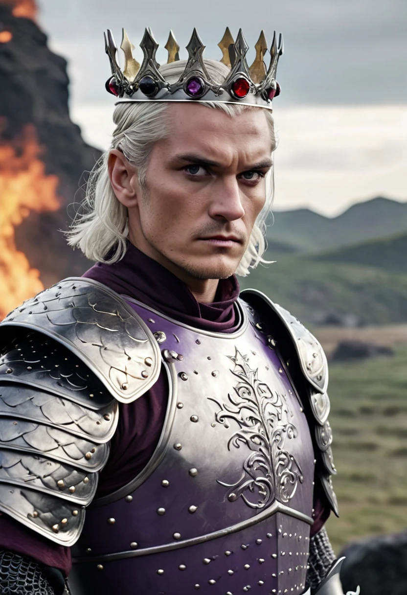 (chef-d&#39;œuvre, 8k, UHD, haute résolution: 1.4), imposant portrait d&#39;Aegon Targaryen, (grand, larges épaules, Apparence puissante: 1.3), (yeux violets perçants, cheveux courts argentés et dorés: 1, 3), (porter une armure en écailles noires au combat: 1.2), (brandissant une épée en acier noir: 1.3), (portant sur la tête une couronne en acier noir avec de gros rubis carrés: 1.2 ), (paysage de champ de bataille en arrière-plan: 1.1), (ambiance autoritaire et charismatique: 1.3), Détails réalistes et complexes, (éléments fantastiques et historiques: 1.2), (perspective héroïque et énigmatique : 1.3)