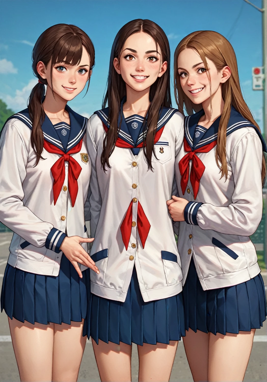 score_9, score_8_up, score_7_up, score_アニメ, Three friends, ((different genders:1.2)), (white jackets), (дорогая school uniform), (school uniform), (British style), looking straight into the camera, front view, confident pose