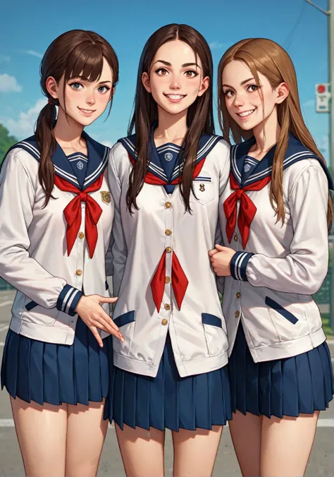 score_9, score_8_up, score_7_up, score_アニメ, three friends, ((different genders:1.2)), (white jackets), (дорогая school uniform),...