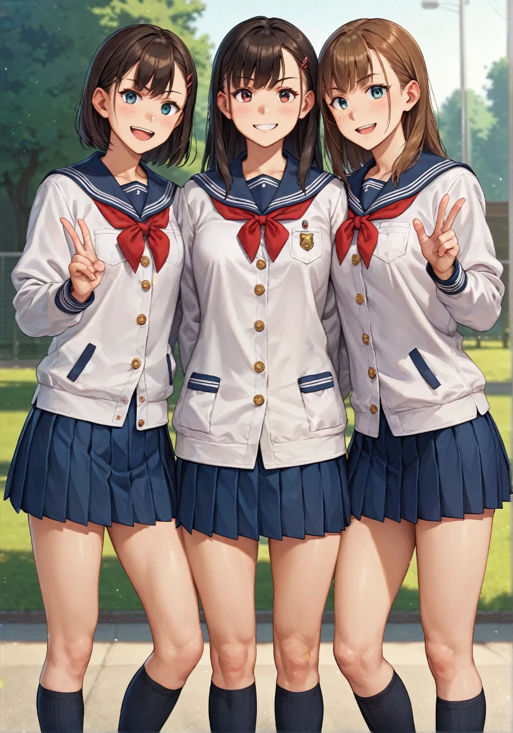 score_9, score_8_up, score_7_up, score_アニメ, Three friends, ((different genders:1.2)), (white jackets), (дорогая school uniform), (school uniform), (British style), looking straight into the camera, front view, confident pose