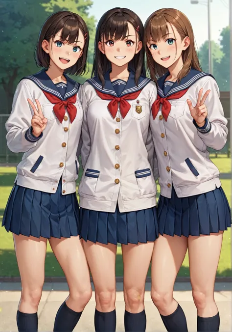 score_9, score_8_up, score_7_up, score_アニメ, three friends, ((different genders:1.2)), (white jackets), (дорогая school uniform),...