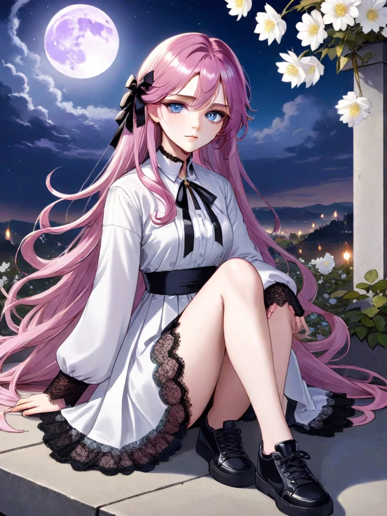 ((Best quality)), ((masterpiece)), (detailed), ((perfect face)), One Girl、Pink long hair、White flowers in her hair、blue eyes、A white dress with black lace、large pink ribbon on the chest、solo, looking at viewer, shirt, long sleeves, 1boy, purple hair, full body, jacket, purple eyes, sitting, male focus, shoes, choker, pants, sneakers, planetflower, sky, cloud, no humans, night, bird, border, moon, plant, white flower, star (sky), scenery, crescent moon