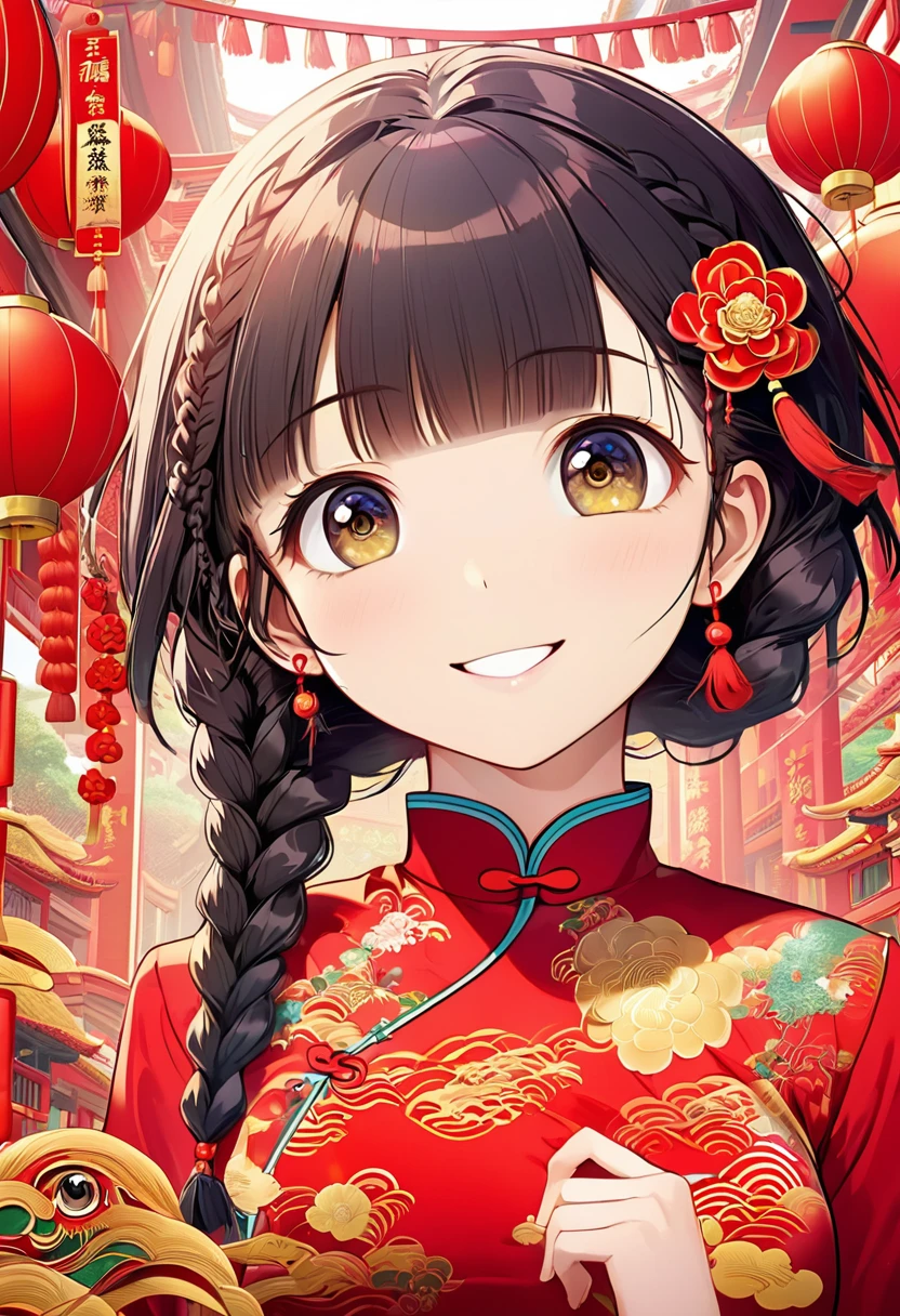 Eyes are very fragile，Double braids with cheongsam，Chinese New Year Decorations（（Smiling artwork）））， （（best quality））， （（Intricate details））， （（Surreal））（8K）