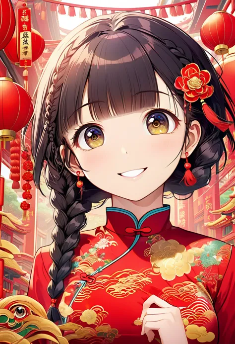 eyes are very fragile，double braids with cheongsam，chinese new year decorations（（smiling artwork）））， （（best quality））， （（intrica...