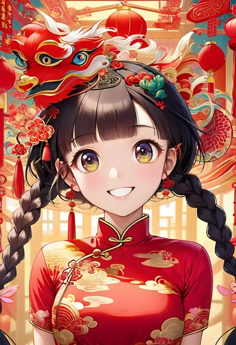 eyes are very fragile，double braids with cheongsam，chinese new year decorations（（smiling artwork）））， （（best quality））， （（intrica...