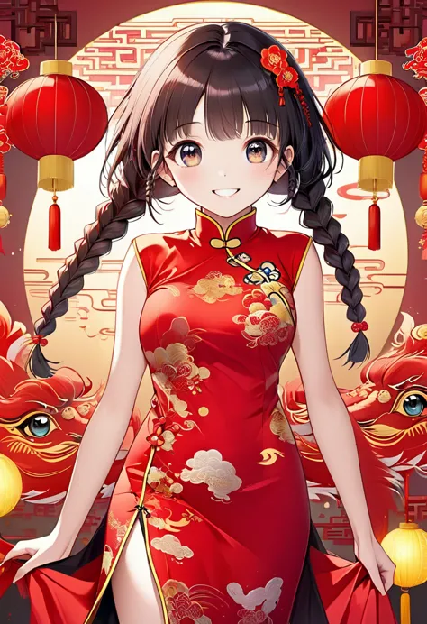 eyes are very fragile，double braids with cheongsam，chinese new year decorations（（smiling artwork）））， （（best quality））， （（intrica...