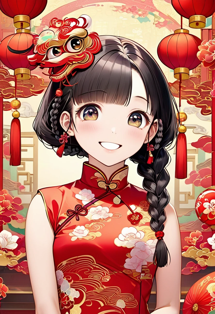 Eyes are very fragile，Double braids with cheongsam，Chinese New Year Decorations（（Smiling artwork）））， （（best quality））， （（Intricate details））， （（Surreal））（8K）