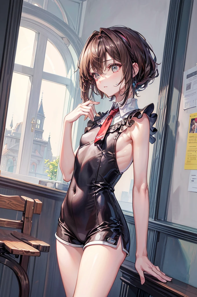 ((highest quality)),(ultra high resolution),(Super detailed),(detailed description),((best CG)),(best work of art),super precision art, great drawing art,(Art with precise details:1.5), (1 man: 1.5) cute looking young man, femboy, silky smooth back length brown hair, soft and cute facial features, slender dainty body, slim waist, small curves, small perky butt, silky smooth legs, very short height of 5ft 5,plain tee shirt and shorts, an overall cute femboy, simple European bedroom background