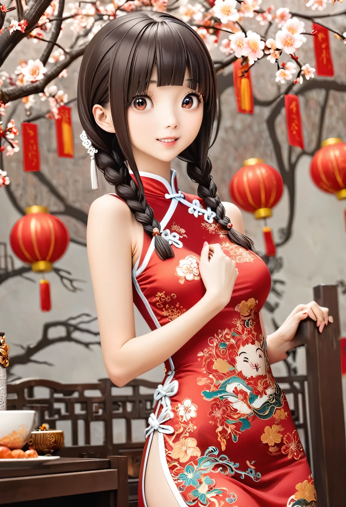 Les yeux sont très fragiles，Doubles tresses avec cheongsam，Décorations du Nouvel An chinois（（Oeuvre souriante）））， （（Meilleure qualité））， （（détails complexes））， （（surréaliste））（8k）